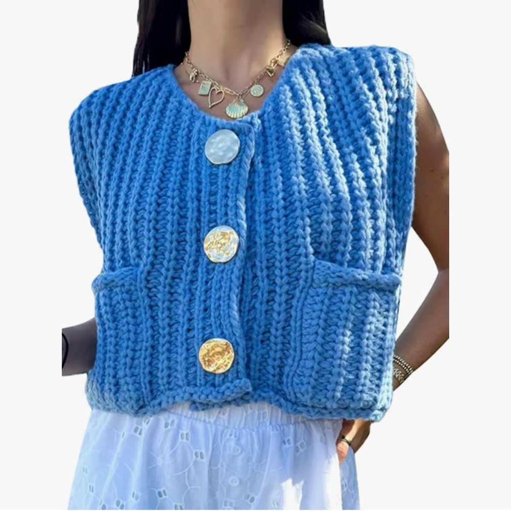 Blue Knit Vest with Gold Buttons